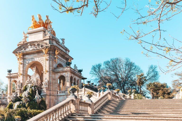 Cascada del Parque de la Ciudadela. Close up shot of monument in popular Barcelona Ciutadella Park in sunset